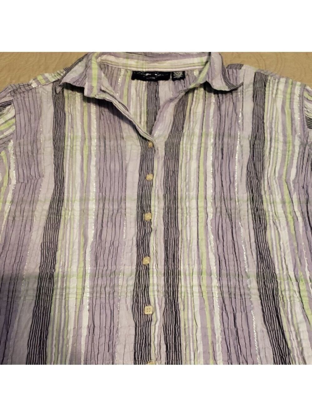 Angelina Smocked Striped Stretch button blouse.
